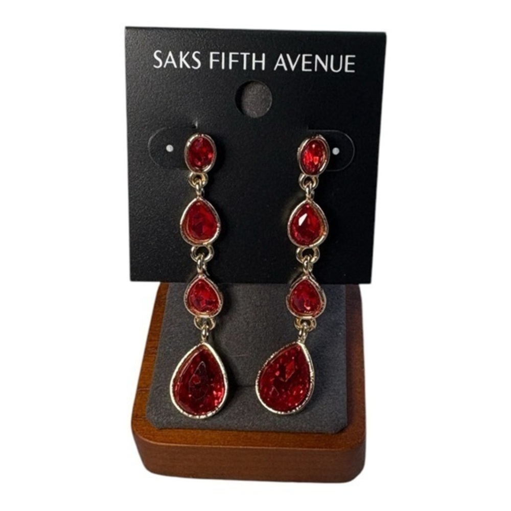 3/$40 Saks Fifth Avenue Ruby Red & Gold Color Triple Teardrop Dangle Earrings